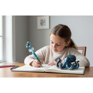 Octopus-Themed Blue Crystal Bead Pen With Bow & Pearl Accents